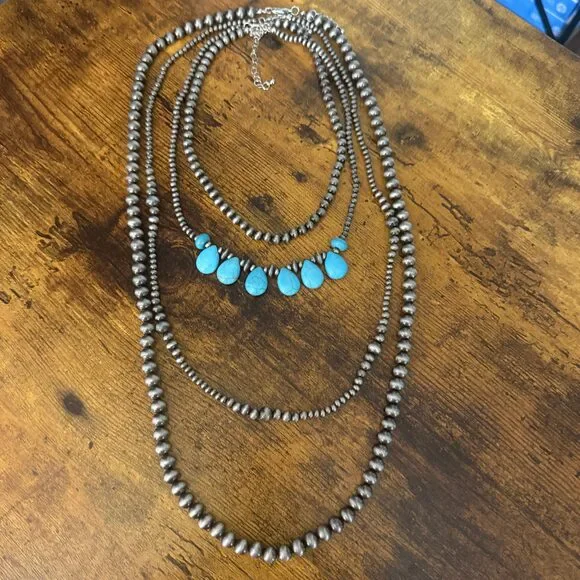 Turquoise Bead Pearl Long Necklace Bohemian Vintage Style Charm - Picture 2 of 7